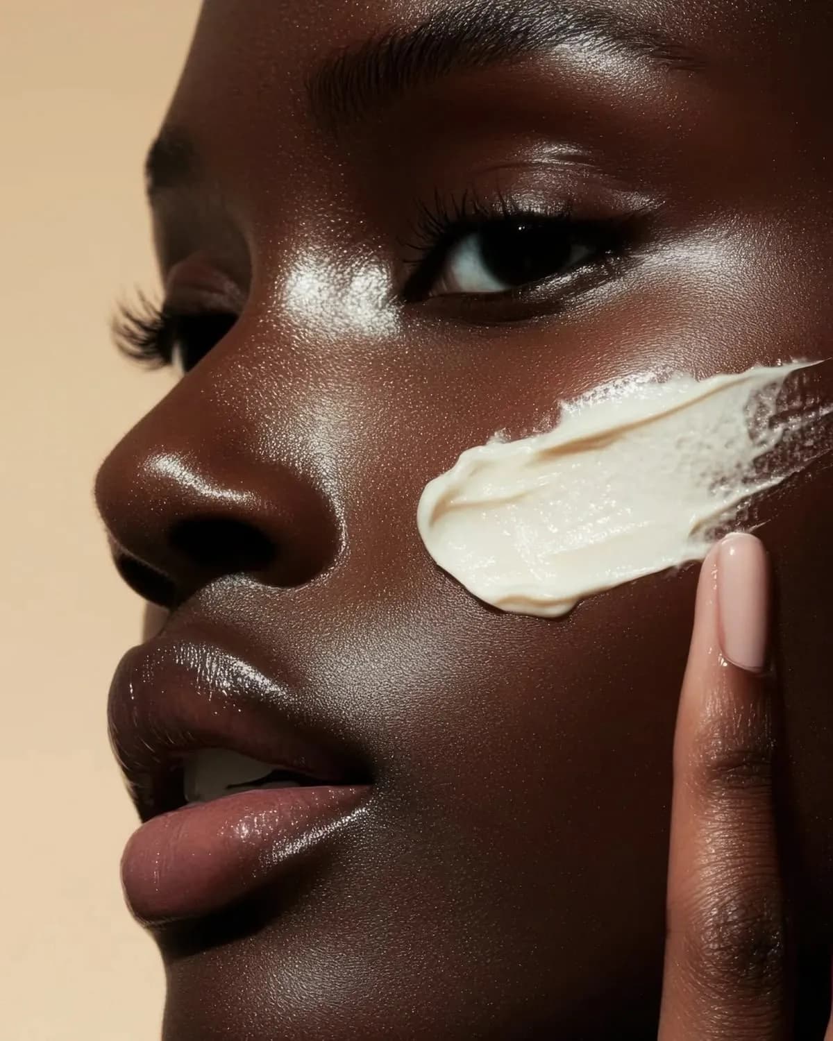 Close-up of glowing skin with moisturizer applied to the cheek