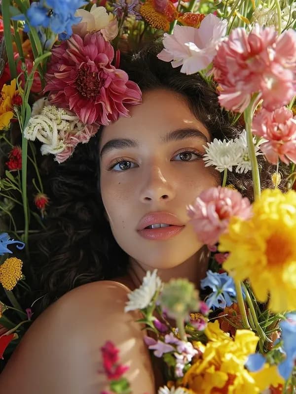 Woman with pink blossoms on her skin