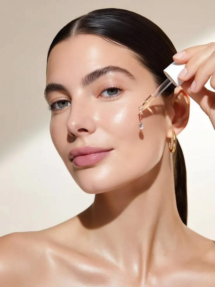 Woman applying a drop of serum to glowing skin